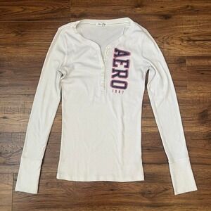 Aeropostale 1987 Henley Top Cream Long Sleeves Women L Y2K Streetwear Preppy